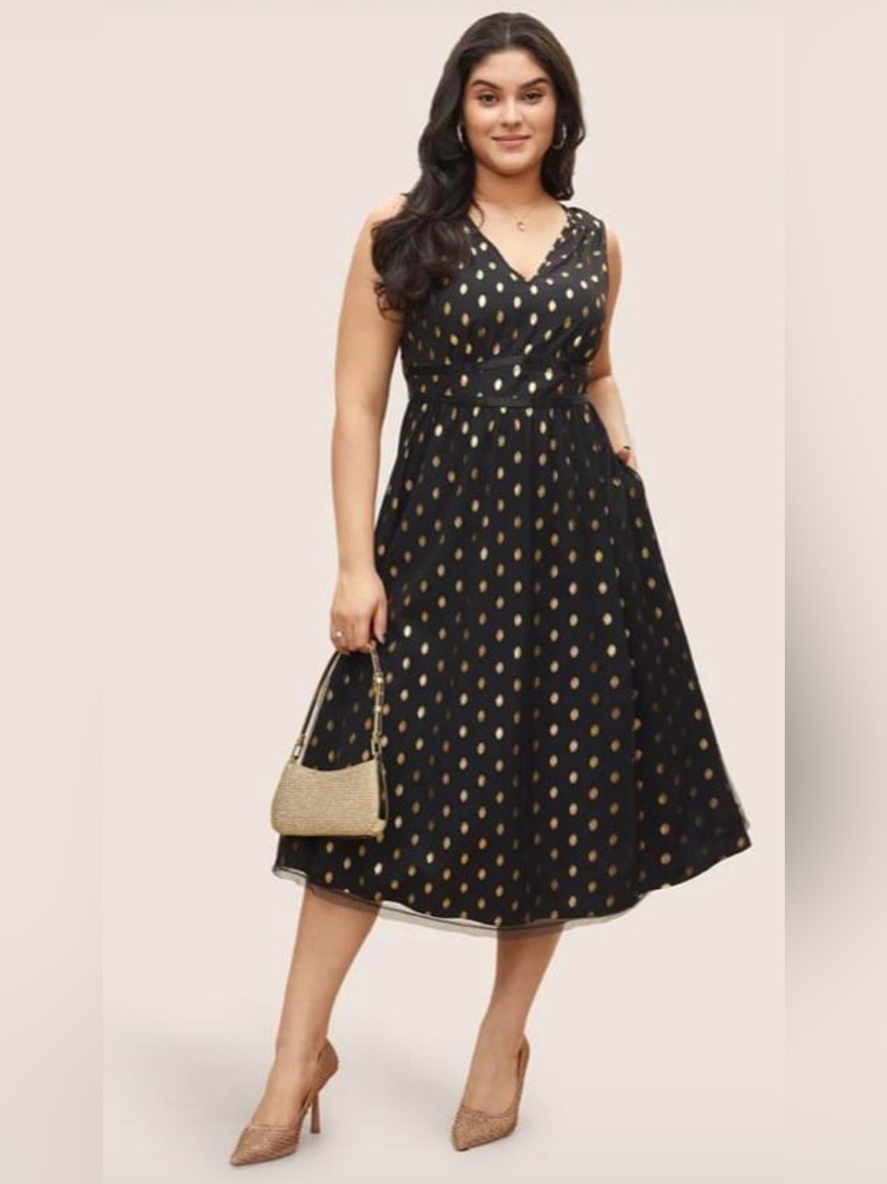 BloomChic Glitter Polka Dot Pocket Patchwork Tank Dress 2X Plus Black Gold NWT